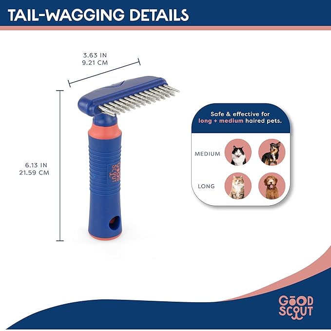 Good Scout Pet Hair Rake with Double Row Rotating Pins, Best Deshedding Tool for Dogs & Cats, Gentle, Safe & Effective Grooming Tool for Short or Long Haired Animals