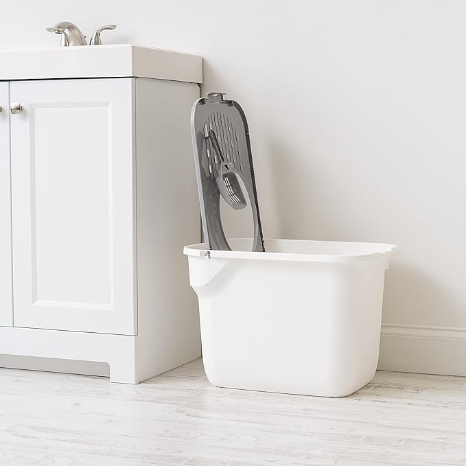 IRIS USA Large Cat Litter Box Top Entry with Lid, Enclosed Litter Box with Litter Catching Lid & Scoop, Covered Cat Litter Box Enclosure for Privacy, High Sided, White/Gray