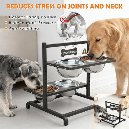 Elevated Dog Bowl Stand with 4 Stainless Steel Bowls (1700ml/58oz) – 9 Height Adjustable Raised Pet Feeder from 4.9" to 14.5" for Large Dogs & Multi-Pet Homes, with Bone Name Tag