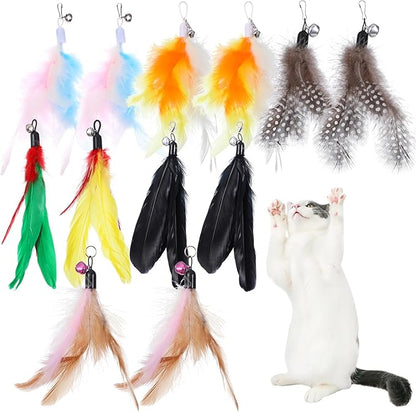 12Pcs Cat Feather Toys Refills, Feather Cat Wand Toys Attachment with Bells, Interactive Teaser Feathers Replacement for Bored Indoor Adult Cats Kitten Exercise and Play