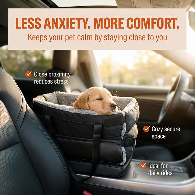 Center Console Dog Seat for Small Dogs & Cats | Pet Car Seat with Safety Strap & Cushion | Portable Middle Console Dog Bed | Secure Travel Booster Seat by Carver Park