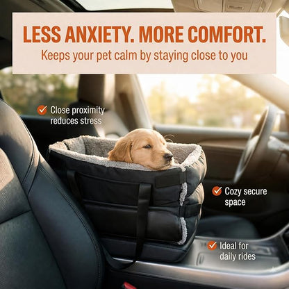 Center Console Dog Seat for Small Dogs & Cats | Pet Car Seat with Safety Strap & Cushion | Portable Middle Console Dog Bed | Secure Travel Booster Seat by Carver Park