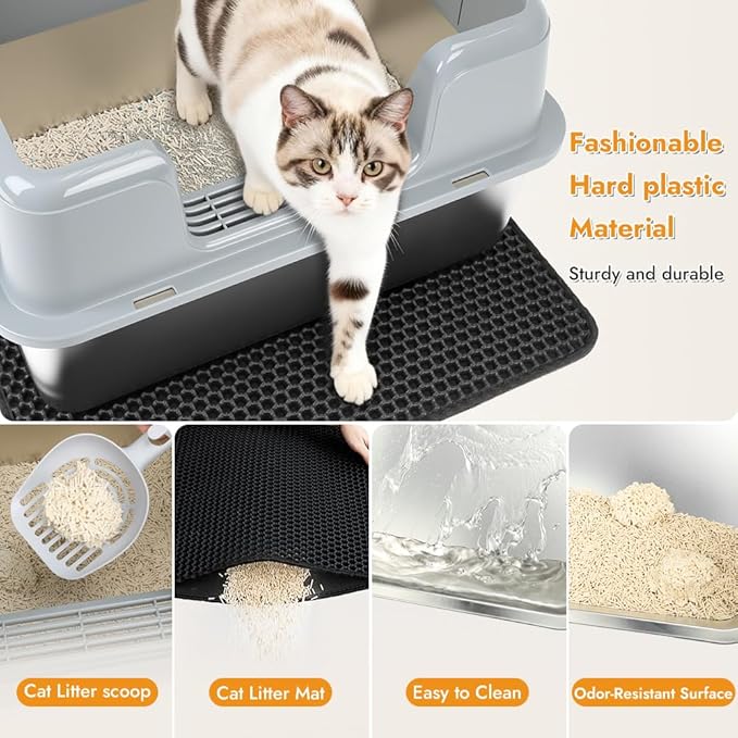 Vivifying XL Stainless Steel Cat Litter Box, High Side Metal Litter Pan with Scoop and Mat for Big Cats, Kittens, Rabbits and Hamsters, Easy Cleaning Design (Gray)