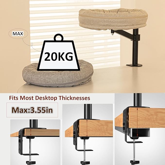 Cat Desk Bed for Cat, Desk Mounted Pet Matx2 Removable and Washable, 360 Rotation & Adjustable Height Cats Up to 40 lbs