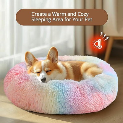 JOLLYVOGUE Calming Dog Beds Large Sized Dog, 36in Donut Washable Large Pet Bed, Anti-Slip & Anti-Anxiety Fluffy Faux Fur Round Dogs Bed, Fits up to 80 lbs Pets (Rainbow)