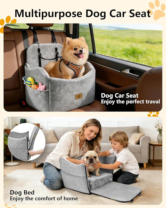 Dog Car Seat for Small/Medium Dogs Up to 35 lbs, 2-in-1 Pet Car Seat with Memory Foam, Machine Washable Dog Bed for Cars, Non-Slip Pet Booster Carseat with Safety Leashes, Storage Pockets (Grey)