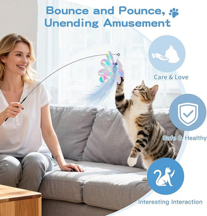 Pawaboo Feather Teaser Cat Toy, Interactive Feather Wand Cats Toy Flying Feathers Cat Catcher with Extra Long 34.5" Wand and Small Bell, Exerciser Playing Toys for Kitten or Cats, Blue Butterfly