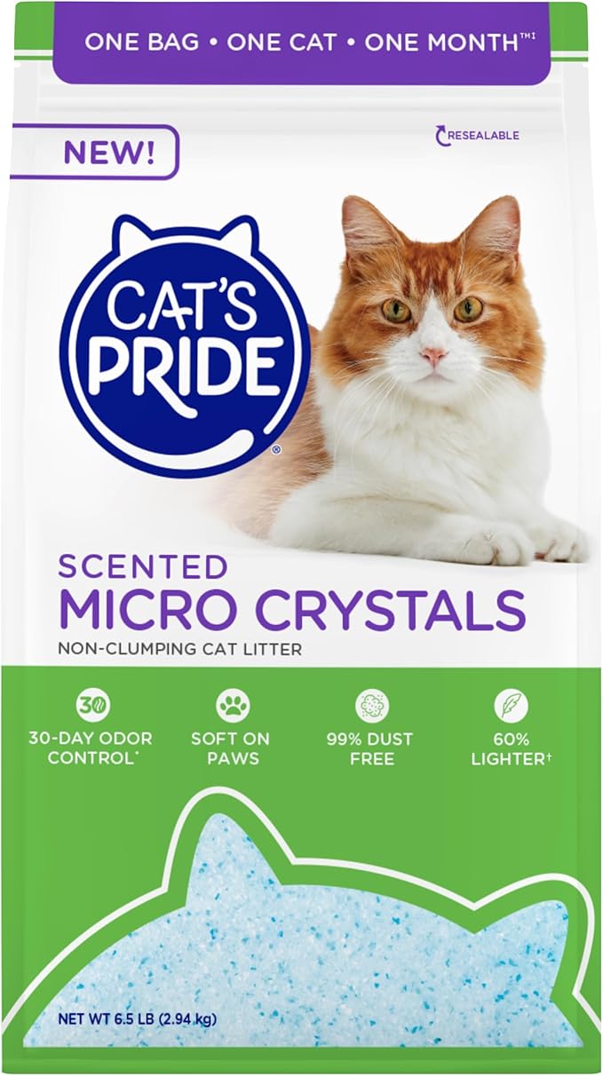 Cat’s Pride Micro Crystals Cat Litter, Non-Clumping, Scented, 30-Day Odor Control, 99% Dust Free, Lightweight, Soft on Paws, 6.5lb Bag