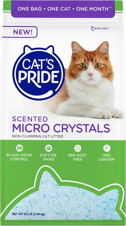 Cat’s Pride Micro Crystals Cat Litter, Non-Clumping, Scented, 30-Day Odor Control, 99% Dust Free, Lightweight, Soft on Paws, 6.5lb Bag