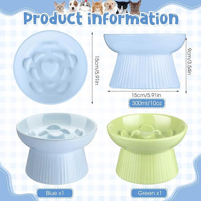 Tioncy 2 Pcs Raised Cat Slow Feeder Bowl Ceramic Elevated Cat Dog Food Bowl No Spill High Edge for Dry Wet Food and Water Easy to Clean, Dishwasher Safe (Green,Blue)