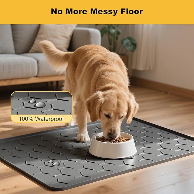 Pieviev 34''x22'' Dog Cat Food Bowl Mat, Silicone Waterproof Food Grade Pet Food Mat for Floor, High Raised Edge to Prevent Spills, Non-Slip & Easy Clean Pet Placemat for Dog & Cat Bowls, Dark Gray