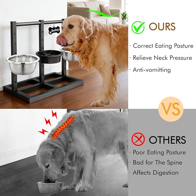 Elevated Dog Bowls Stand for Medium Large Dogs, 5 Adjustable Height Metal Raised Dog Bowl Stand 3 Food Water Bowls and Slow Feeder Bowl with Non-Slip Feet