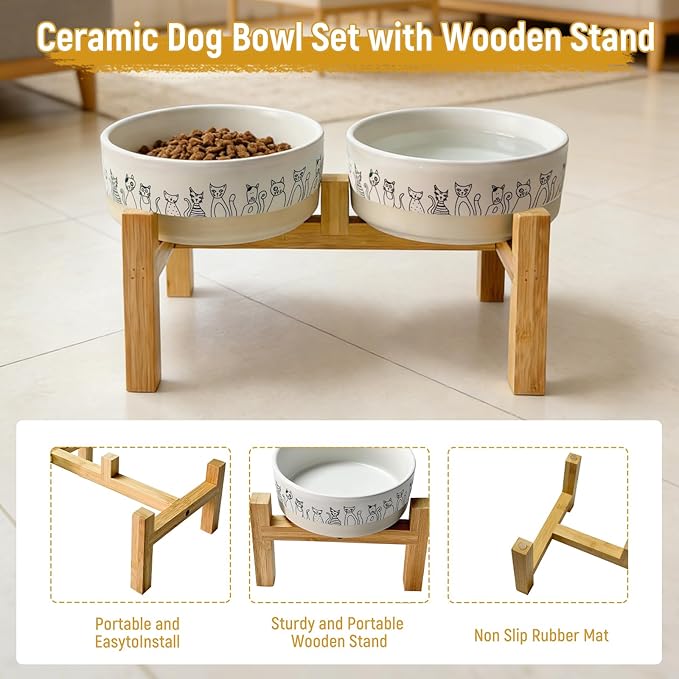 Elevated Ceramic Cat Bowls with Wooden Stand，6.1inch Raised Cat Bowls with Cute Pattern for Small and Medium Breed Dogs and Cats,2 Pack Cats Food and Water Bowl Set,Weighted Pet Dishes Dishwasher Safe