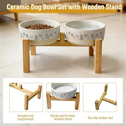 Elevated Ceramic Cat Bowls with Wooden Stand，6.1inch Raised Cat Bowls with Cute Pattern for Small and Medium Breed Dogs and Cats,2 Pack Cats Food and Water Bowl Set,Weighted Pet Dishes Dishwasher Safe