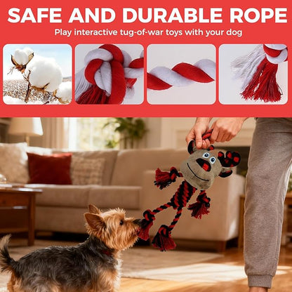 PAWCHIE Dog Christmas Toys 2 Pack,Squeaky Chew Dog Toy Interactive Puppy Toys,Soft Pet Plush Teething Pet Rope Toys Santa Claus Reindeer Shape for Boredom, for Small Medium Dogs,Red