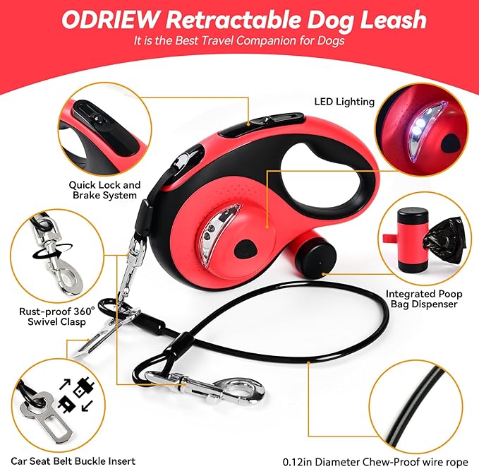 Heavy Duty Retractable Dog Leash for Large Dogs, 26ft Dog Leash with Poop Bag Holder, Up to 110lbs, chew Proof Cable, LED Light, 360° No-Tangle, One-Handed Pause & Locked. (Red, L 26ft)