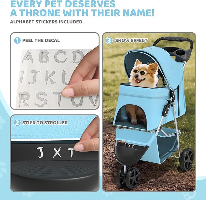 Magshion 3-Wheel Pet Stroller, Foldable Travel Jogger for Small & Medium Dogs & Cats (Up to 33lbs), Lightweight Carrier with Breathable Mesh Cover, Cup Holder & Storage Basket, Mint Green