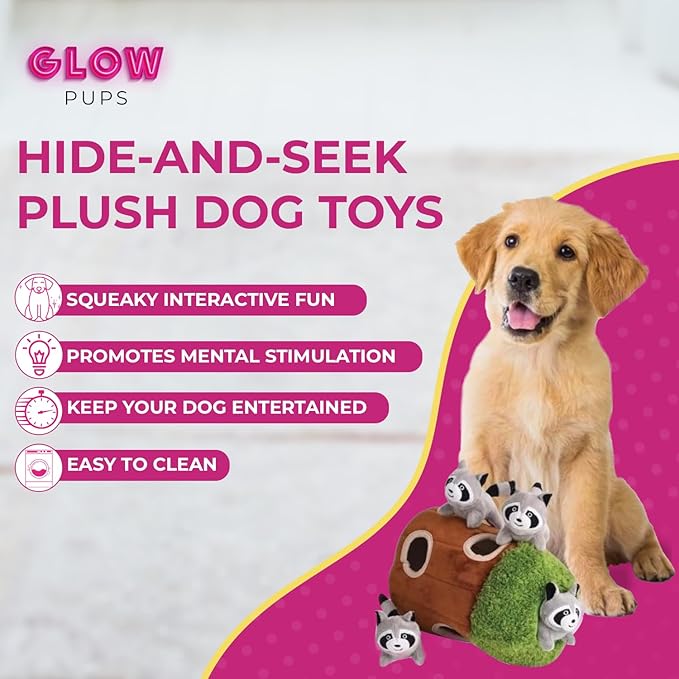 Glow Pups Dog Puzzle Plush Toy Tree with Squeaky Raccoons, Interactive Hide and Seek Fun, Promotes Mental Stimulation, Large Size, Brown/Gray Plush, 5-Pack (Raccoon in Tree, Large)