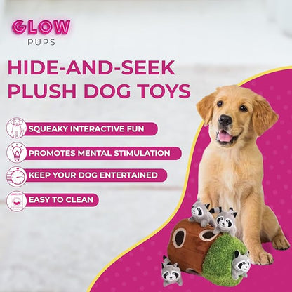 Glow Pups Dog Puzzle Plush Toy Tree with Squeaky Raccoons, Interactive Hide and Seek Fun, Promotes Mental Stimulation, Large Size, Brown/Gray Plush, 5-Pack (Raccoon in Tree, Large)