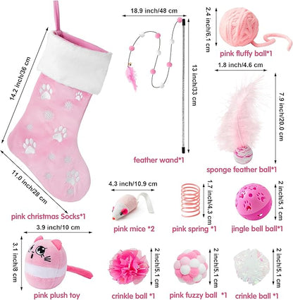 MALLMALL6 Christmas Stocking Cat Toys - 12Pcs Interactive Kitty Gifts Pink Xmas Hanging Stocking Feather Teaser Wand Mice Crinkle Bells Ball Spring Toys for Indoor Kitten