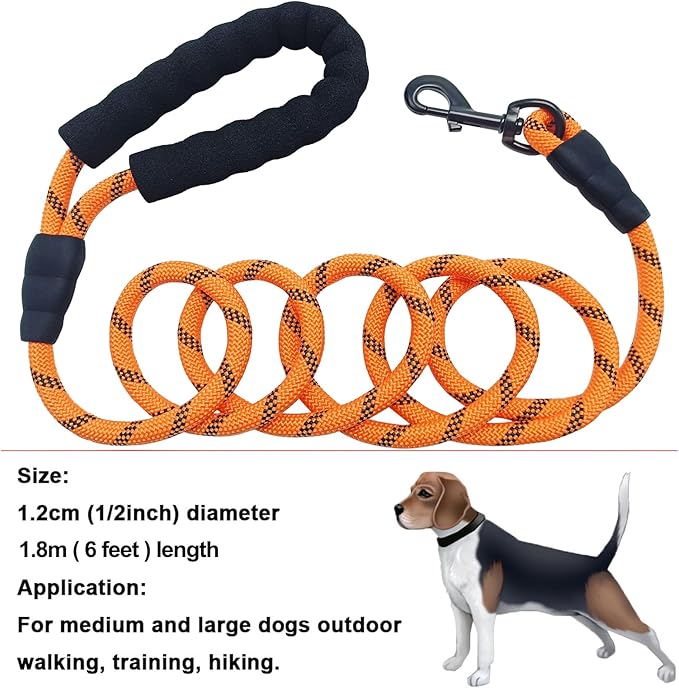 MayPaw 6FT Heavy Duty Rope Dog Leash, Soft Padded Handle Nylon Pet Leash, Thick Lead Leashes for Large Medium Dogs Walking Training (Orange Black, 1/2" * 6')