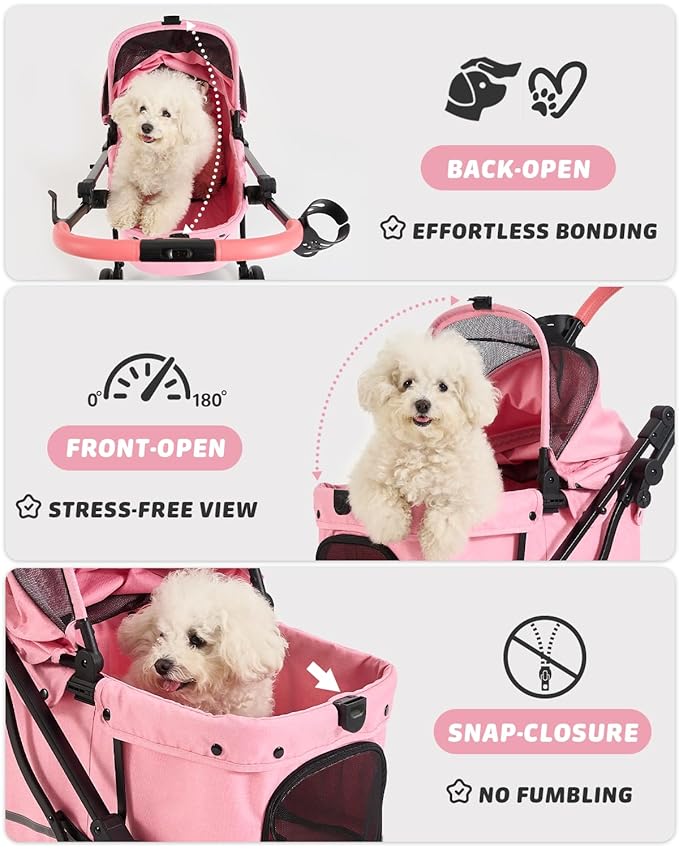 797Audio Dog Stroller for Small Medium Dogs, Pink Pet Stroller for Cats Puppy Up to 121lbs, Foldable,One Click Folding,4 Wheel Shock Absorption,Adjustable Canopy with Sun Shades,Removable Washable Pad