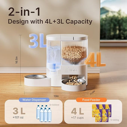 Automatic Cat Feeder and Water, 5G WiFi App Controlled Cat Dry Food Dispenser, 2 in 1 Timed Pet Feeder, 4L Food & 3L Gravity Waterer with Voice Recording, 10 Meals Programmable 1-15 Portion Control