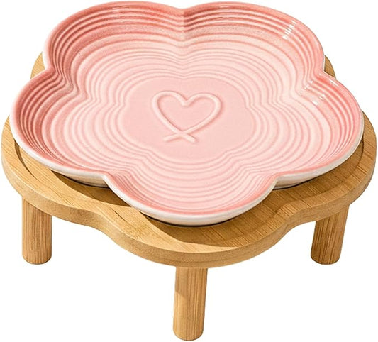 PawsPik Flower Ceramic Cat Feeding Plate with Raised Bamboo Stand, Elevated Whisker-Friendly Pet Bowl, Anti-Slip Stable Design, Dishwasher Safe (Pink)