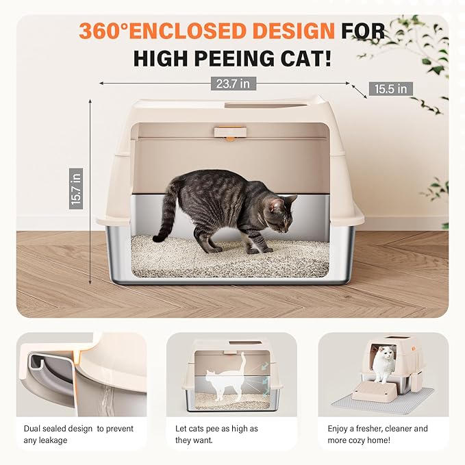 Removable Stainless Steel Cat Litter Box with lid, Front & Top Entry Kitty LitterBox，Cat Litter Box Enclosure, XL Extra Large High-Sided Metal Cat Box with Scoop,Mat,Footboard (Cream)