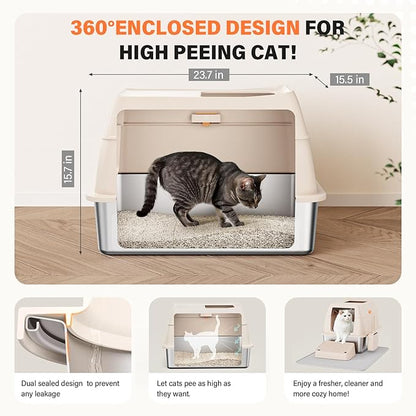 Removable Stainless Steel Cat Litter Box with lid, Front & Top Entry Kitty LitterBox，Cat Litter Box Enclosure, XL Extra Large High-Sided Metal Cat Box with Scoop,Mat,Footboard (Cream)