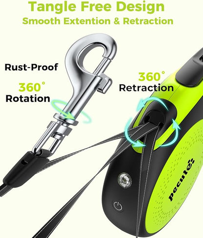 Retractable Dog Leash with Light, 16.4 ft Retractable Pet Leash with Anti-Slip Soft Grip, 360° Tangle-Free, One-Button Control, Reflective Leashes for Small Medium Dog Up to 66 lbs