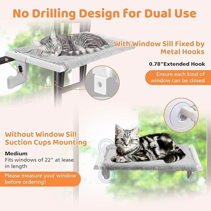 2 in 1 Cat Window Perch,Cat Window Hammock with Metal Sliding Clamping Adjustment,Removable Two Fabrics Cover,4 Suction Cups,Window Beds for Indoor Cat(22"x13")