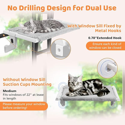 2 in 1 Cat Window Perch,Cat Window Hammock with Metal Sliding Clamping Adjustment,Removable Two Fabrics Cover,4 Suction Cups,Window Beds for Indoor Cat(22"x13")