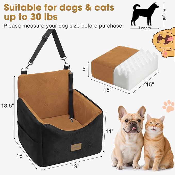 JOEJOY Dog Car Seats for Small Medium Dogs Under 35lbs, Dog Booster Seat with Detachable Washable Cover and Cushion, Memory Foam Pet Car Seat with Safety Belt and Storage Pockets (Brown)