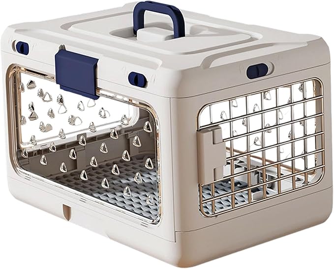 Folding Puppy Crate Cat Transport Box Hard Sided Transparent Portable Dog Kennel Pet Carrier for Small Dogs Rabbit Kitten, White