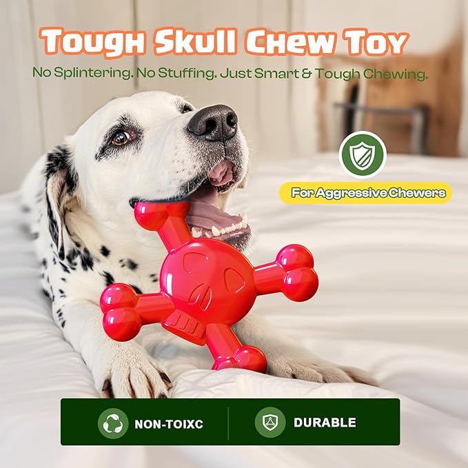 Dog Toys for Small Dogs, Skull-Shaped Small Dog Toys for Puppies, Durable Natural Rubber Puppy Chew Toys with Bacon&Milk Flavor, Indestructible Dog Toy, Red