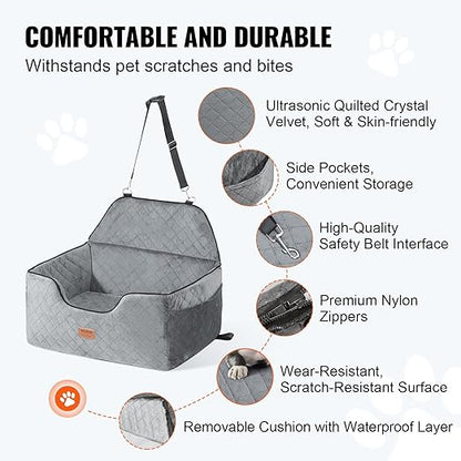 VEVOR Dog Car Seat, Dog Booster Seat for Car with A Storage Pocket, Pet Seat with Clip-On Safety Leash, Sponge Filling, Bed for Medium & Large Dogs up to 55 lbs, Gray