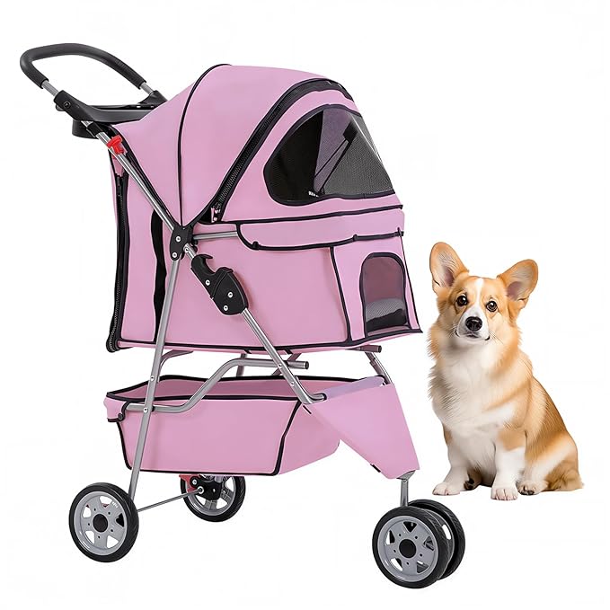 BestOffice Pet Stroller for Small Medium Dogs & Cats, 3-Wheel Foldable Dog Stroller with Cup Holder, Lightweight Travel Carrier, Waterproof Design for Outdoor Walks, Pink