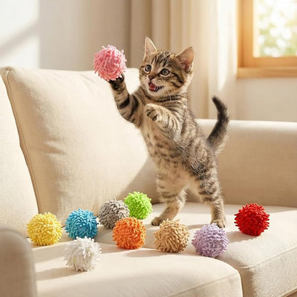 10 Pcs Pom Pom Balls for Cats,Multi-Colored Soft Fuzzy Balls for Cats,Cat Fuzzy Ball with Bell,for Feline's Body and Brain Workout and Indoor Kitten
