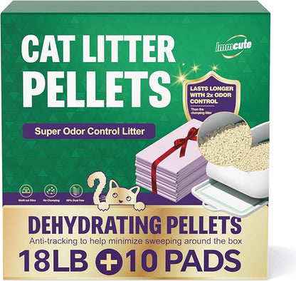IMMCUTE Zeolite Litter Pellets, 18lb Bag Lasts 120 Days, Odor Control Cat Litter Pellets with Extra 10 Ct Pee Pads, Non Clumping Cat Litter, Low-Tracking, Unscented