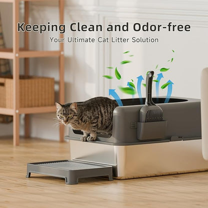 High-Sided Stainless Steel Cat Litter Box,Stainless Steel Litter Box with Lid,Extra Large Cat Toilet, Easy-to-Clean Metal Litter Pan for Cats (24''L X 16''W X 12''H with Scoop&mat)