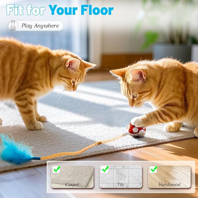Interactive Cat Toys with Feather Snappy Tail for Bored Indoor Adults Cats, Safe Rolling Toys Ball with 3 Models, Automatic Cats Toy for Any Floor, Electric Moving Cat Enrichment Toy