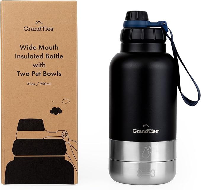 GrandTies Insulated Portable Dog Water Bottle with 2 Detachable Water Bowl Dispenser | Leak-Proof Dog Food Travel Container | Accessories for Dogs Walking, Hiking, Camping (32oz, Matte Black)