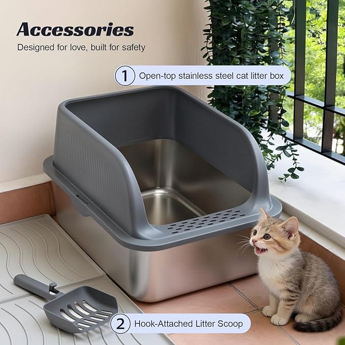 Stainless Steel Cat Litter Box with High Sided Lid, Metal Kitty Litter Box with Scoop for Small & Medium Cats, Anti-Urine Leakage, Easy to Clean, Non-Sticky, Grey