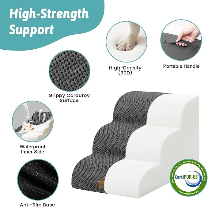 Wide Dog Stairs for Small Dog 15.7" H, Pet Step for Puppy, Older Cat, Curved Ramp for Couch, Durable Anti-Slip Ladder with High Density Foam, 3 Step, 17.7x22.4x15.7 inch, Dark Grey