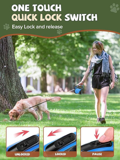 Retractable Dog Leash with Led Light, Douexio 16ft Rechargeable Walking Dog Leash for Small Medium Dogs Up to 66 lbs,360° Tangle-Free, One-Button Control, High Strength Hook