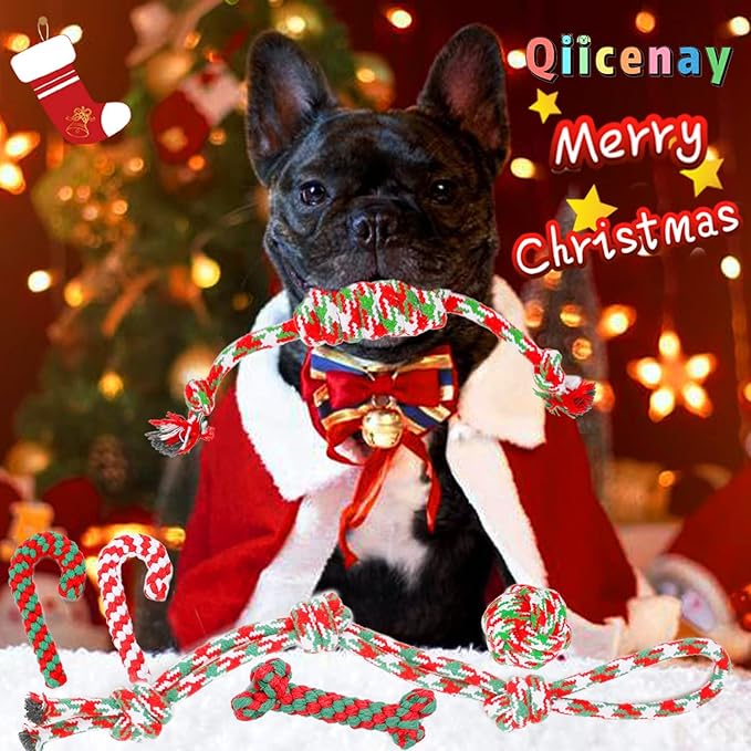 Christmas Dog Rope Toys 6 Pack - Pet Chew Toys Set for Aggressive Chewers Small Medium Dogs Puppy Large Breed Interactive Dog Ball Toys Training Playing Teeth Cleaning, for Xmas Party Indoor Outdoor