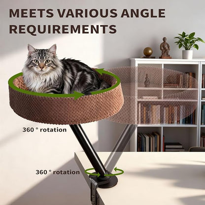 Cat Desk Bed, Cat Nest Bed for Desk Supports Up to 60 lbs, 360° Rotation Soft Cats Hammock, Nest Desktop Attachment Cats Hammock for Various Desktop Side Table Furniture(Brown)