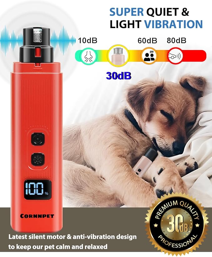 Electric Dog Nail Grinder with 2 Level LED Lights, 2 Speed Super Quiet and Low Vibration Electric Cat Nail Grinder - Rechargeable Pet Nail Grinder for Small Dogs Cats - Red