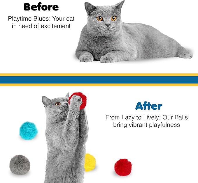 SunGrow Cat Pom Pom Balls, 24 Multi-Colored Soft Enrichment Pom Poms, 2” Fuzzy Flash Balls for Indoor Kitten, Assorted Soft Artificial Fur Orbs for Feline's Body and Brain Workout